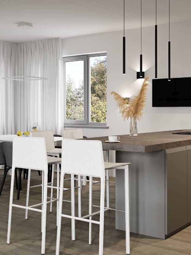 Kitchen with high chairs and a TV on the wall