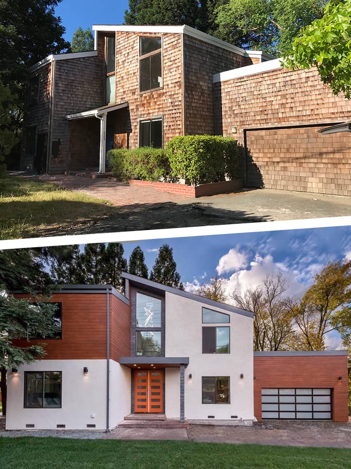 Image shows how old ugly house became a modern nice house after renovation